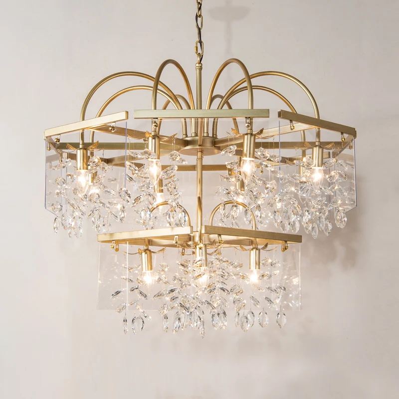 Gouden geometrisch gevormde kroonluchter antieke metalen eetkamer hangende verlichting met kristallen druppels Clearhalo
