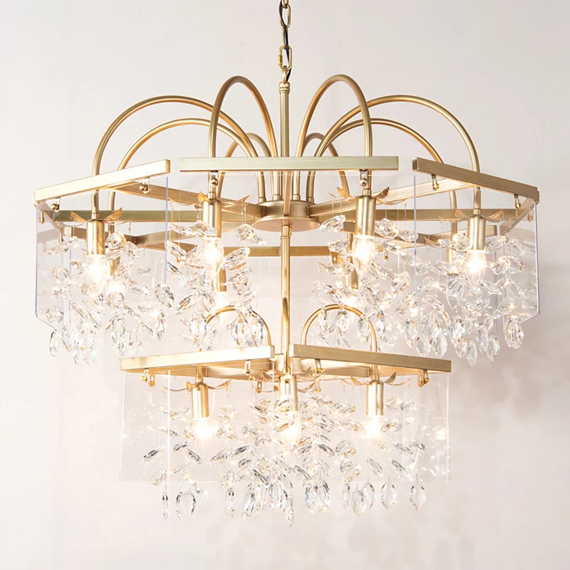 Gouden geometrisch gevormde kroonluchter antieke metalen eetkamer hangende verlichting met kristallen druppels Clearhalo