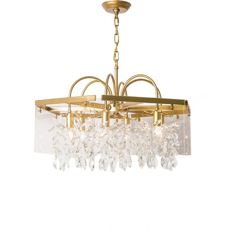 Gouden geometrisch gevormde kroonluchter antieke metalen eetkamer hangende verlichting met kristallen druppels Clearhalo