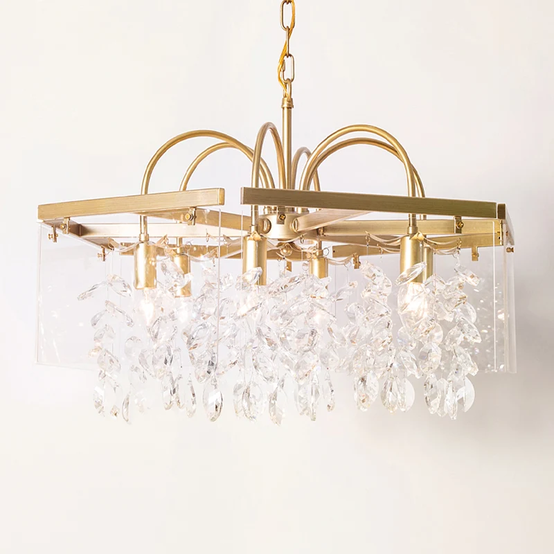 Gouden geometrisch gevormde kroonluchter antieke metalen eetkamer hangende verlichting met kristallen druppels Clearhalo
