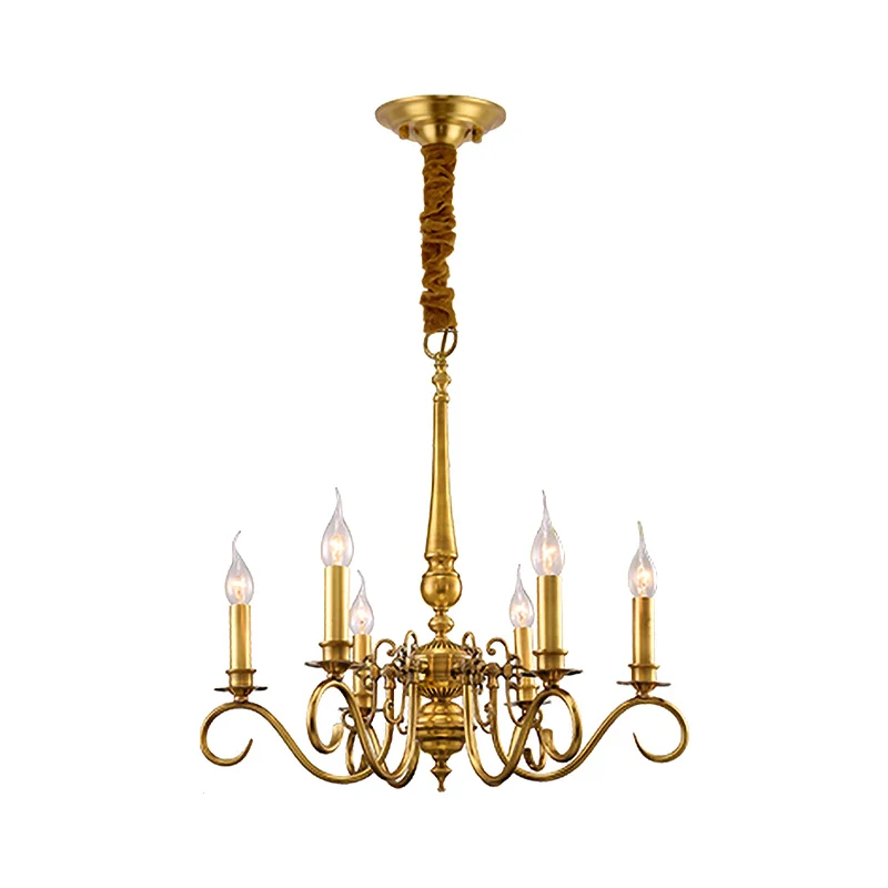 Gouden gescrolde arm hangende kroonluchter koloniale metalen 6-lichts restaurant plafondhanger Clearhalo