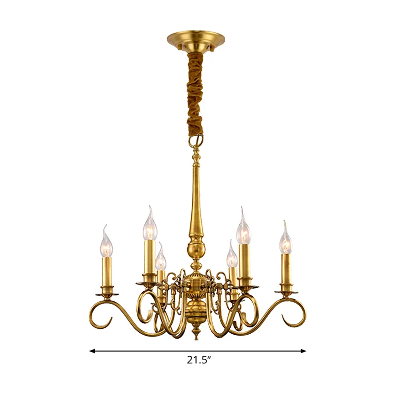 Gouden gescrolde arm hangende kroonluchter koloniale metalen 6-lichts restaurant plafondhanger Clearhalo