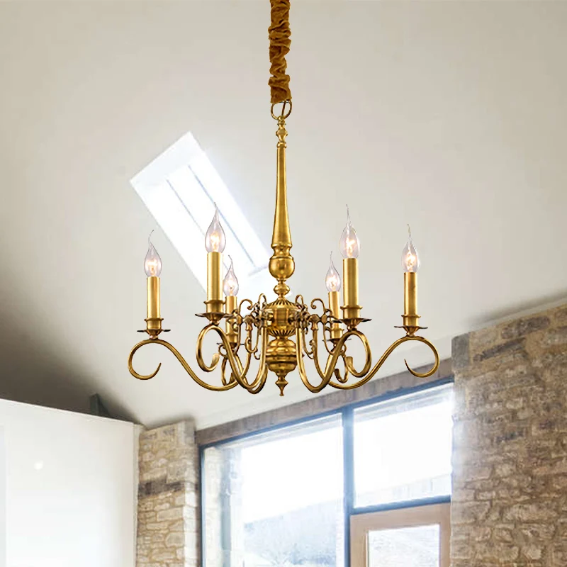 Gouden gescrolde arm hangende kroonluchter koloniale metalen 6-lichts restaurant plafondhanger Clearhalo