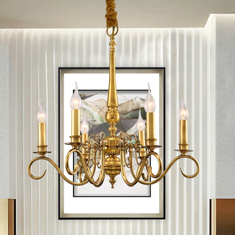 Gouden gescrolde arm hangende kroonluchter koloniale metalen 6-lichts restaurant plafondhanger Clearhalo