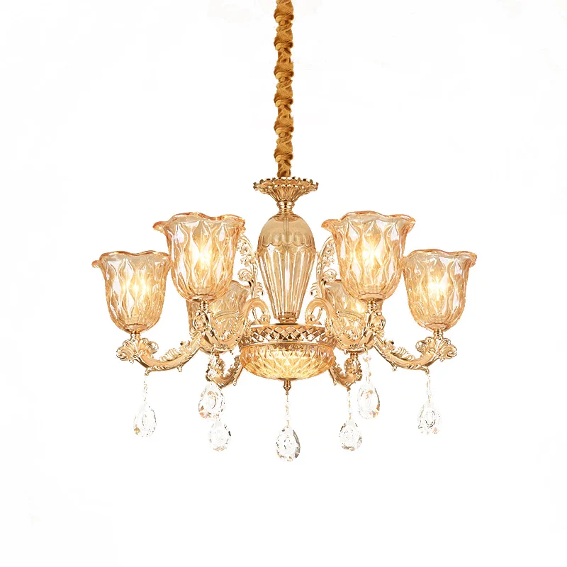 Gouden hanglamp met 6 lampjes uit het midden van de eeuw, amberkleurige glazen bloemenkroonluchter met kristallen druppel...