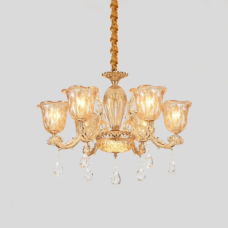 Gouden hanglamp met 6 lampjes uit het midden van de eeuw, amberkleurige glazen bloemenkroonluchter met kristallen druppel...