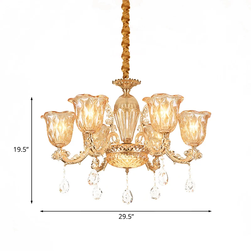 Gouden hanglamp met 6 lampjes uit het midden van de eeuw, amberkleurige glazen bloemenkroonluchter met kristallen druppel...