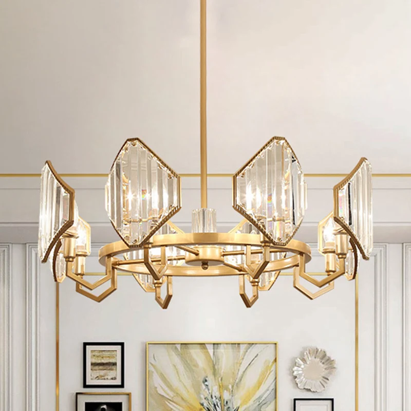 Gouden kaars hangende hanglamp postmodern 6/8 licht rechthoekig gesneden kristallen kroonluchter licht Clearhalo