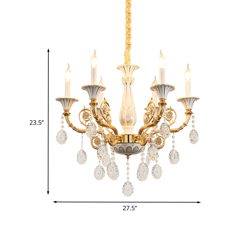 Gouden kaars kroonluchterlamp traditioneel kristal 6 hoofden slaapkamerplafondlamp met keramische pilaar en gesneden arm C...