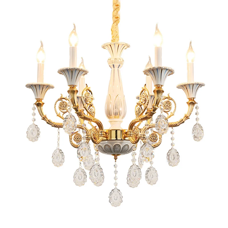 Gouden kaars kroonluchterlamp traditioneel kristal 6 hoofden slaapkamerplafondlamp met keramische pilaar en gesneden arm C...