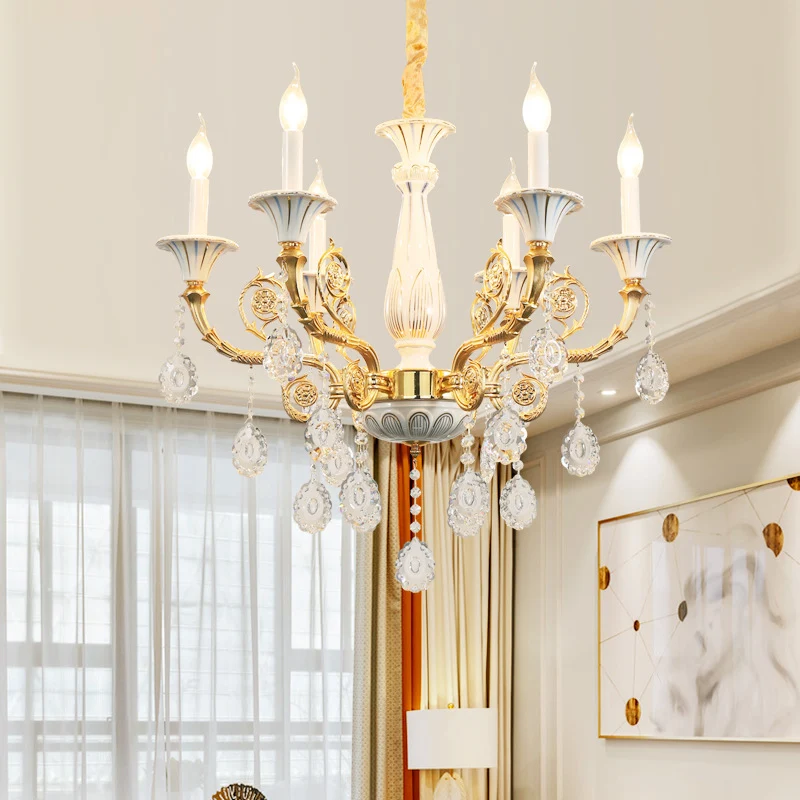 Gouden kaars kroonluchterlamp traditioneel kristal 6 hoofden slaapkamerplafondlamp met keramische pilaar en gesneden arm C...