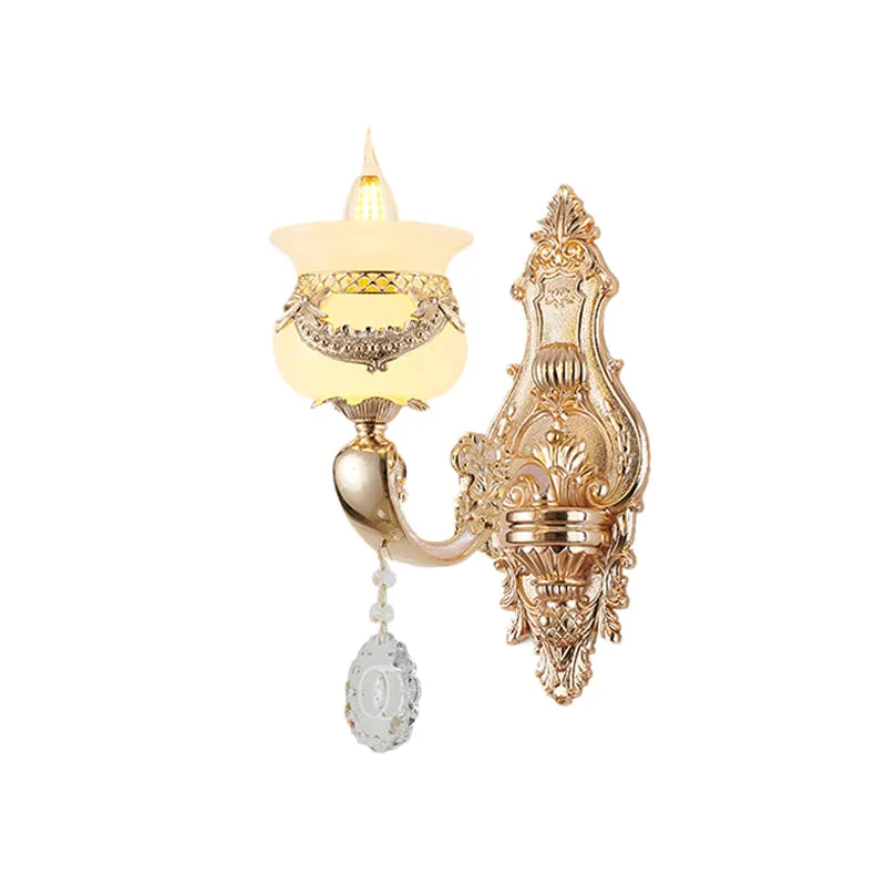 Gouden kandelaar schanslamp Traditionele Jade 1/2-lichts Living Rom-wandlamp met bungelend kristal Clearhalo