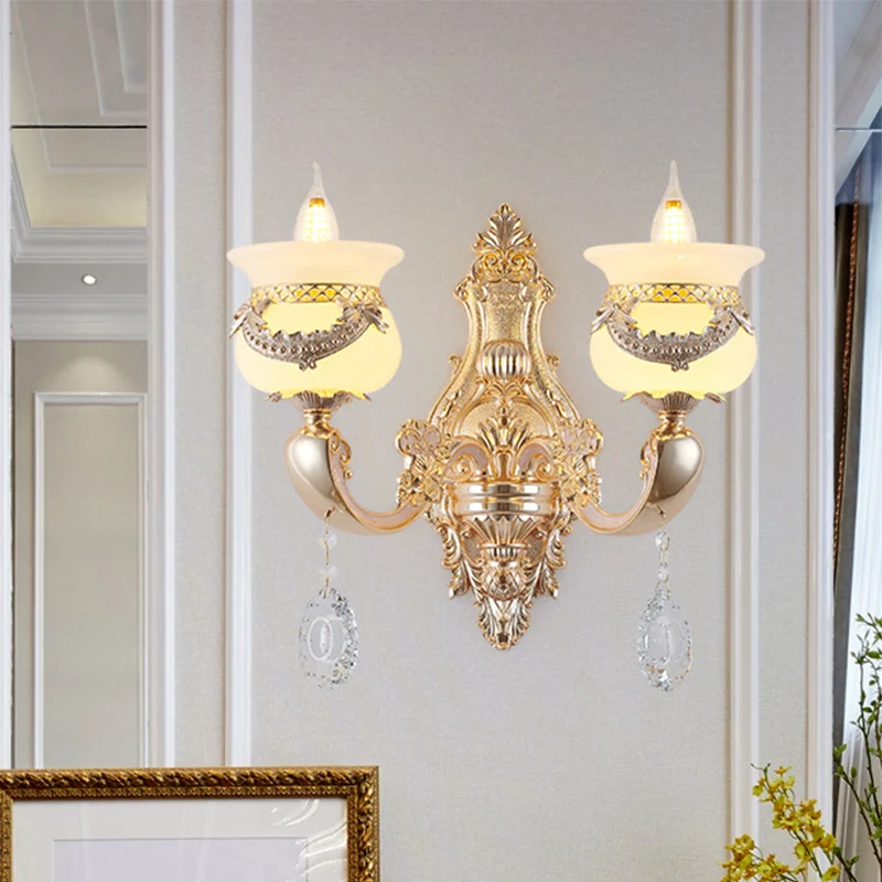 Gouden kandelaar schanslamp Traditionele Jade 1/2-lichts Living Rom-wandlamp met bungelend kristal Clearhalo