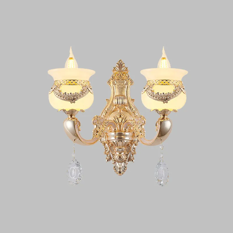 Gouden kandelaar schanslamp Traditionele Jade 1/2-lichts Living Rom-wandlamp met bungelend kristal Clearhalo