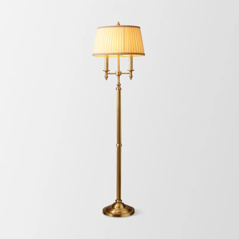 Gouden kandelaar staande lamp vintage metallic 2 lampen woonkamer vloerlamp met geplooide empire kap Clearhalo