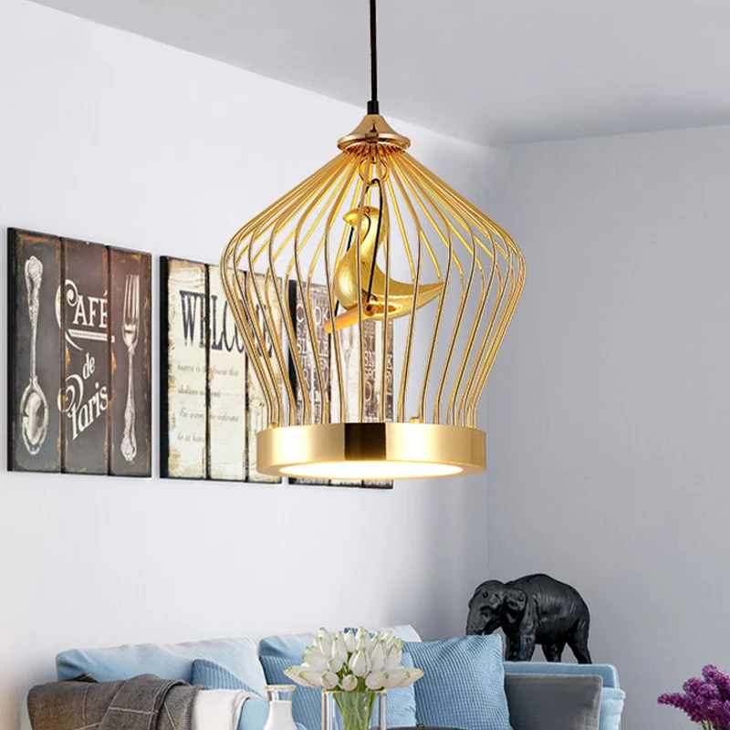 Gouden Kroonkooi Hangverlichting Eenvoudige 1-lichts metalen plafondhanglamp met vogeldeco Clearhalo