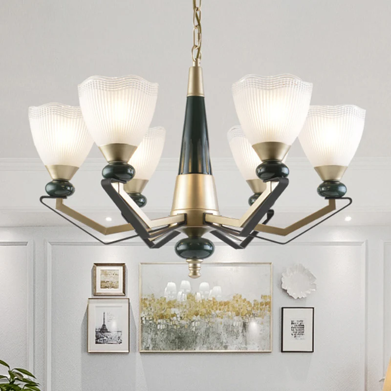 Gouden kroonluchter hanglamp met 3/6 koppen, antieke, doorschijnende glazen kegel omhoog hangende lampset Clearhalo