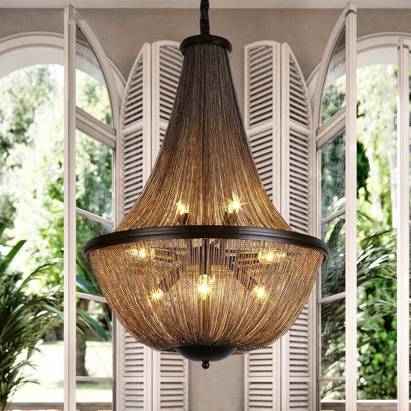 Gouden kroonluchter met 8 lampen, traditionele hanglamp met metalen ketting en franje Clearhalo