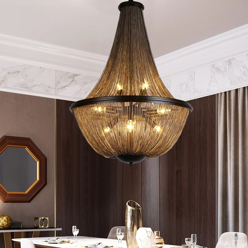 Gouden kroonluchter met 8 lampen, traditionele hanglamp met metalen ketting en franje Clearhalo
