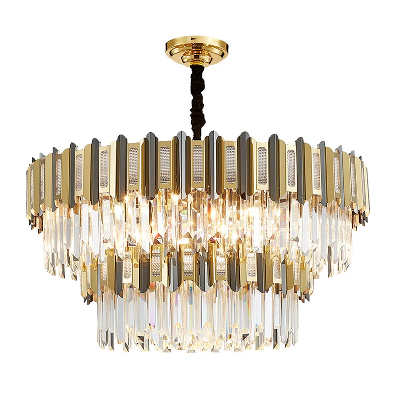 Gouden kroonluchter met meerdere niveaus, lichte eenvoud, heldere kristallen hanglamp voor woonkamer Clearhalo