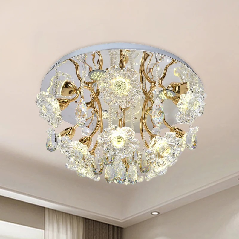 Gouden LED-verlichtingsarmatuur Traditionele heldere kristallen bloemenkap Inbouwlamp met druppel Clearhalo