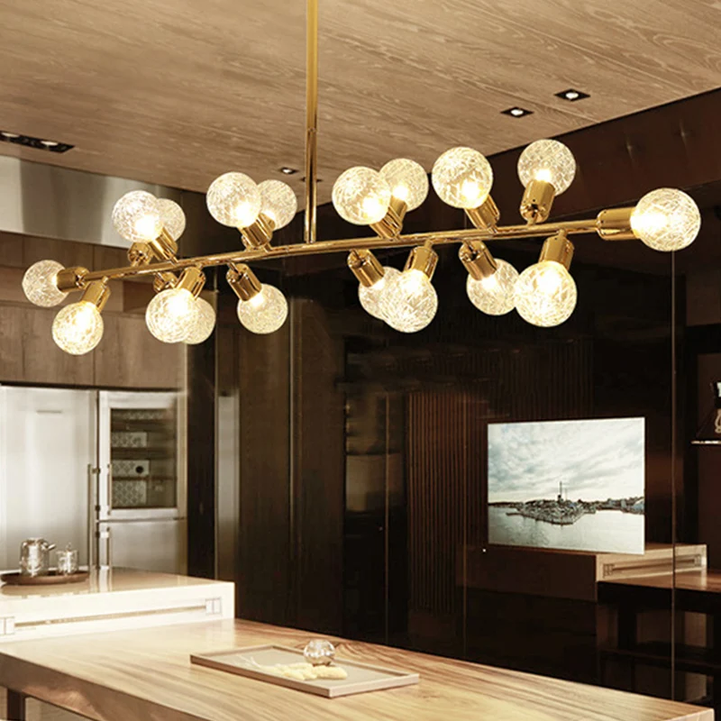 Gouden lineaire LED-eilandverlichting Hedendaagse 18-lichts metalen hangende plafondlamp met geribbelde glazen kap Clearhalo