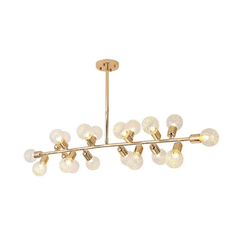 Gouden lineaire LED-eilandverlichting Hedendaagse 18-lichts metalen hangende plafondlamp met geribbelde glazen kap Clearhalo