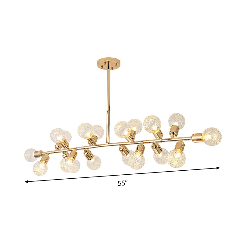 Gouden lineaire LED-eilandverlichting Hedendaagse 18-lichts metalen hangende plafondlamp met geribbelde glazen kap Clearhalo