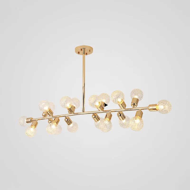 Gouden lineaire LED-eilandverlichting Hedendaagse 18-lichts metalen hangende plafondlamp met geribbelde glazen kap Clearhalo