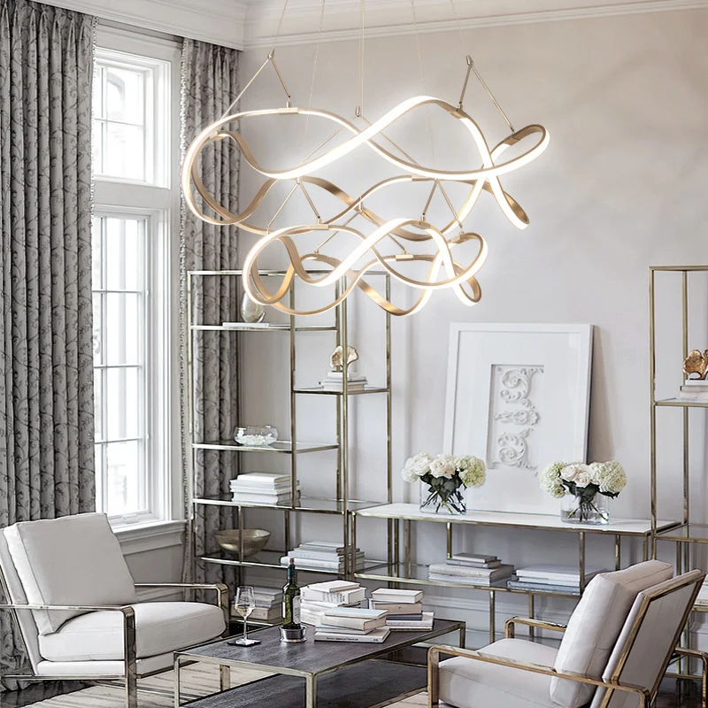 Gouden naadloze curve kroonluchter verlichting minimalistische aluminium LED hanglamp Clearhalo