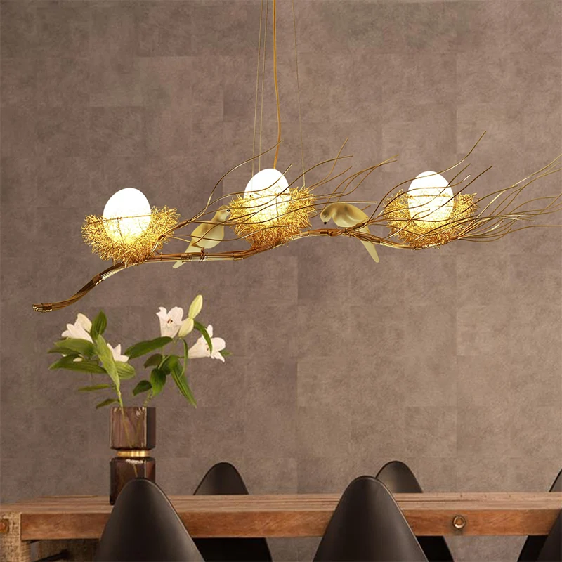 Gouden Nest Island Lighting 3-kops moderne metalen hangende kroonluchter met vogeldecor Clearhalo