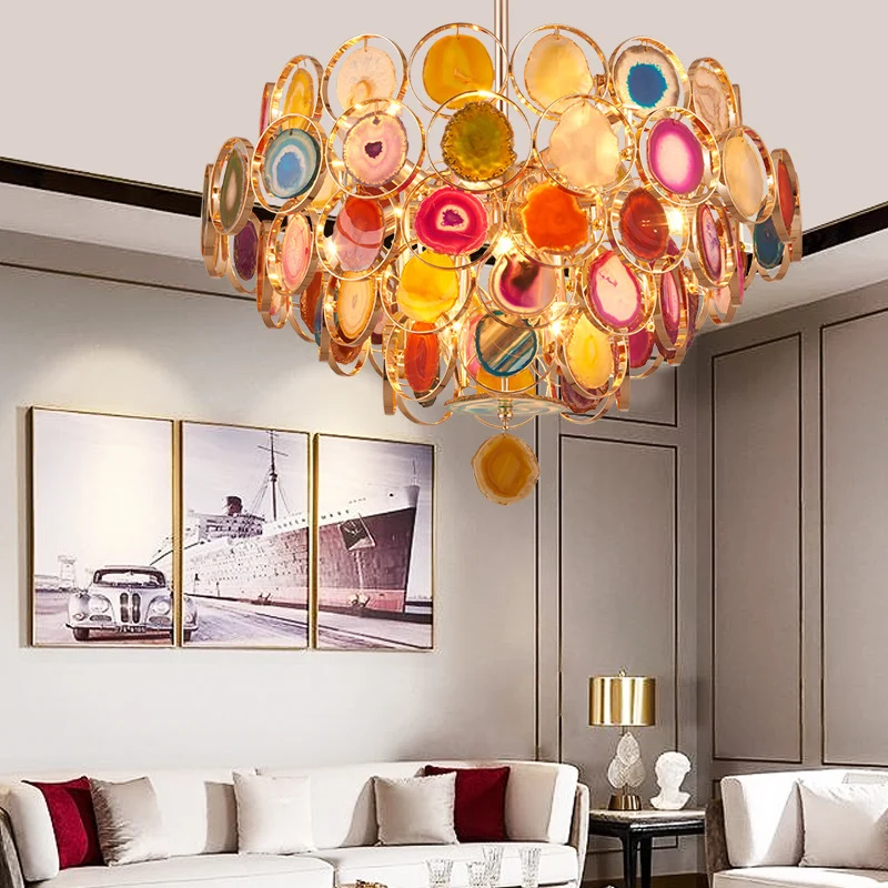 Gouden plafondhanger met 5 niveaus, moderne 12-lichts metalen kroonluchterlamp met kleurrijke agaten Clearhalo