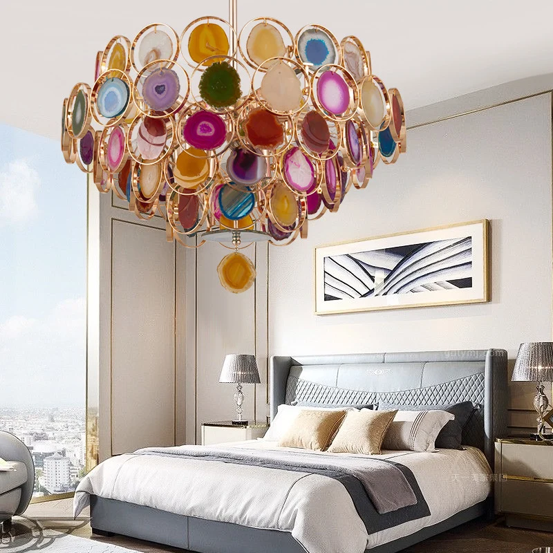 Gouden plafondhanger met 5 niveaus, moderne 12-lichts metalen kroonluchterlamp met kleurrijke agaten Clearhalo