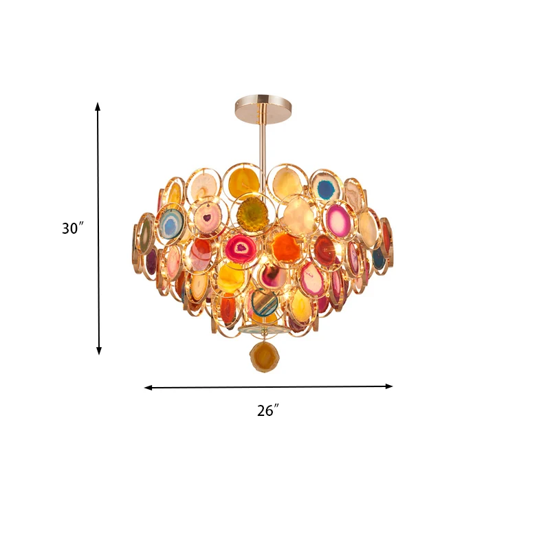 Gouden plafondhanger met 5 niveaus, moderne 12-lichts metalen kroonluchterlamp met kleurrijke agaten Clearhalo