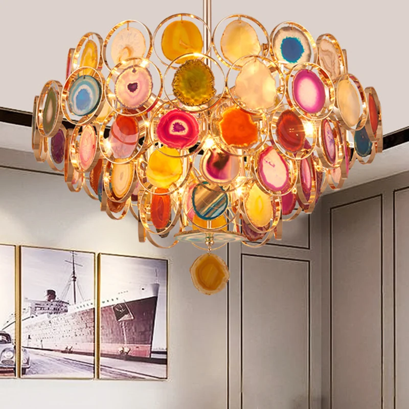 Gouden plafondhanger met 5 niveaus, moderne 12-lichts metalen kroonluchterlamp met kleurrijke agaten Clearhalo