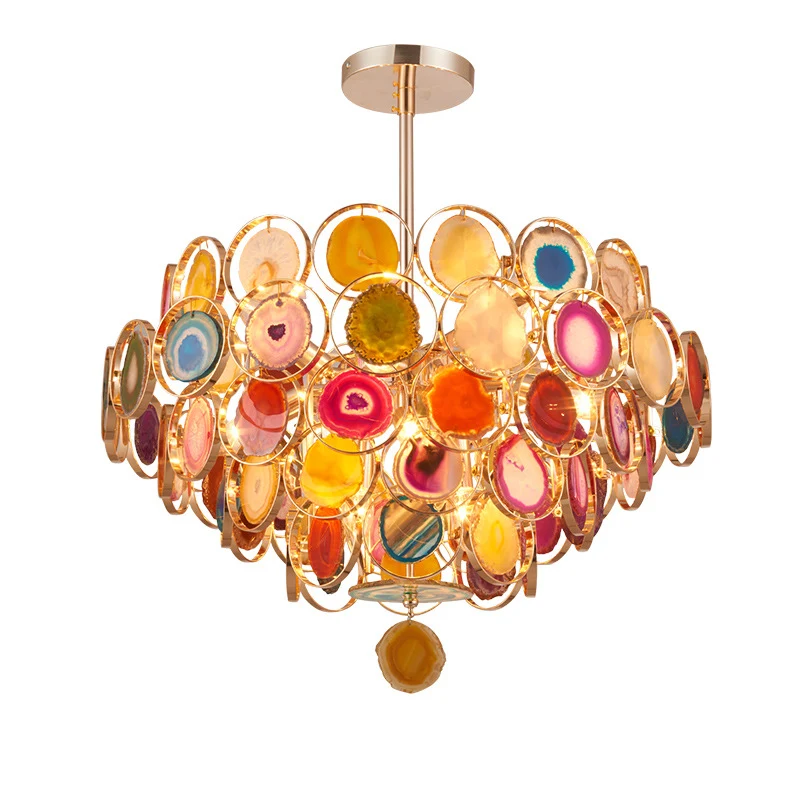 Gouden plafondhanger met 5 niveaus, moderne 12-lichts metalen kroonluchterlamp met kleurrijke agaten Clearhalo