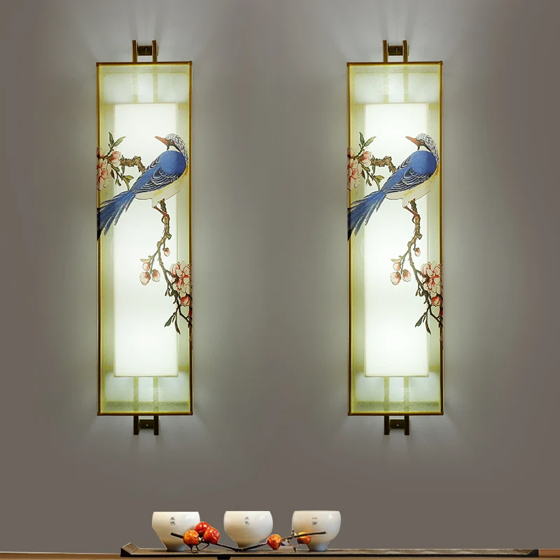 Gouden rechthoekige vogel- en takmuurschilderinglamp Chinese stijl LED-stof wandmontageverlichting Clearhalo