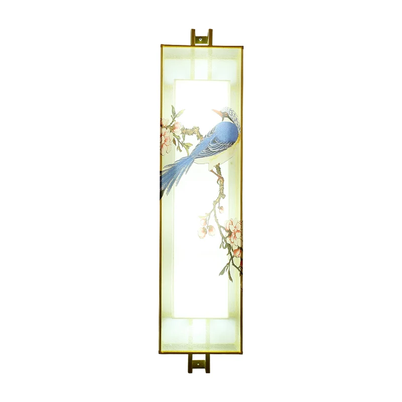 Gouden rechthoekige vogel- en takmuurschilderinglamp Chinese stijl LED-stof wandmontageverlichting Clearhalo