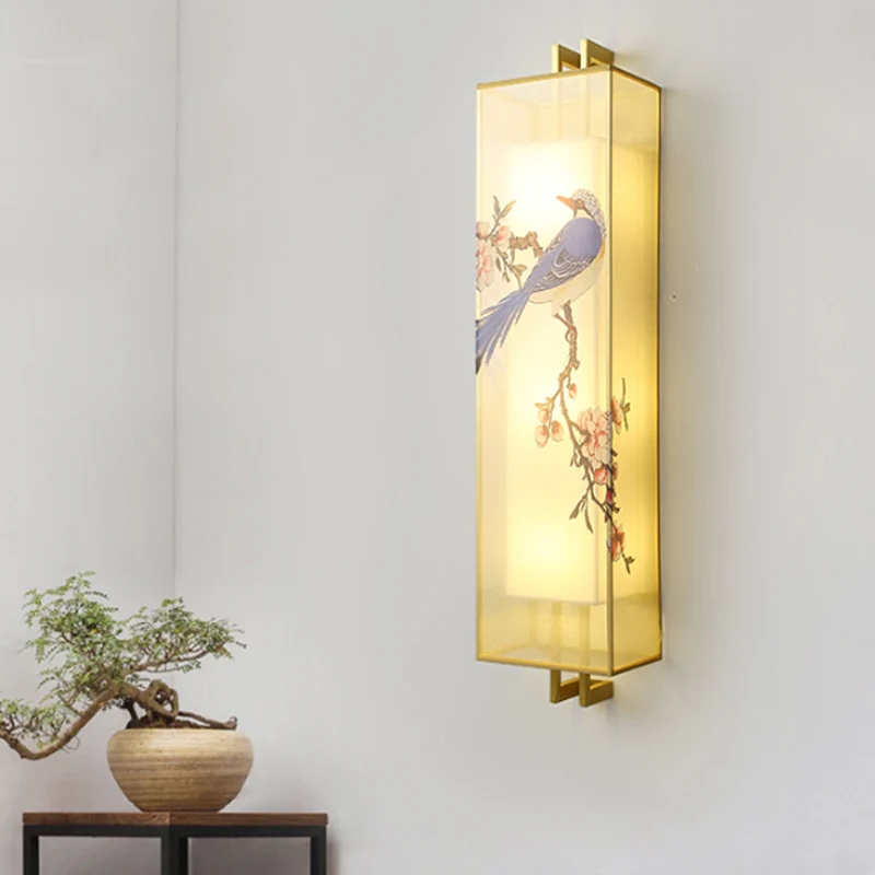 Gouden rechthoekige vogel- en takmuurschilderinglamp Chinese stijl LED-stof wandmontageverlichting Clearhalo
