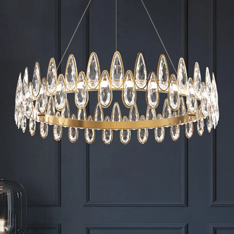 Gouden Ring Plafond Hanglamp Eenvoudige Stijl Teardrop Kristallen Woonkamer LED Hangende Kroonluchter Clearhalo