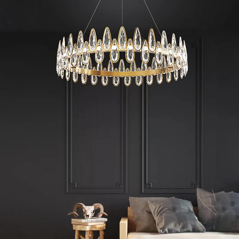 Gouden Ring Plafond Hanglamp Eenvoudige Stijl Teardrop Kristallen Woonkamer LED Hangende Kroonluchter Clearhalo