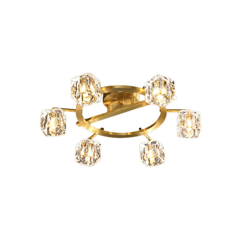 Gouden ring semi-inbouw moderne heldere kristallen kubusschaduw 6/8 lampen Grote kamer plafondgemonteerd licht Clearhalo