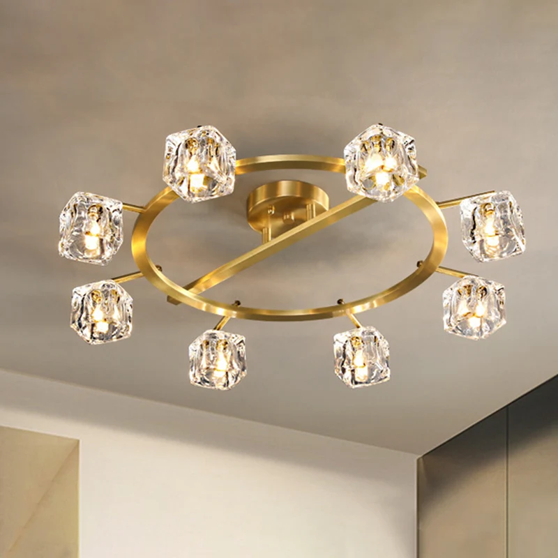 Gouden ring semi-inbouw moderne heldere kristallen kubusschaduw 6/8 lampen Grote kamer plafondgemonteerd licht Clearhalo