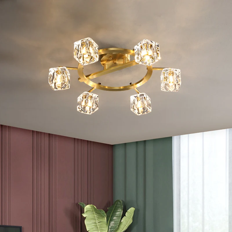 Gouden ring semi-inbouw moderne heldere kristallen kubusschaduw 6/8 lampen Grote kamer plafondgemonteerd licht Clearhalo
