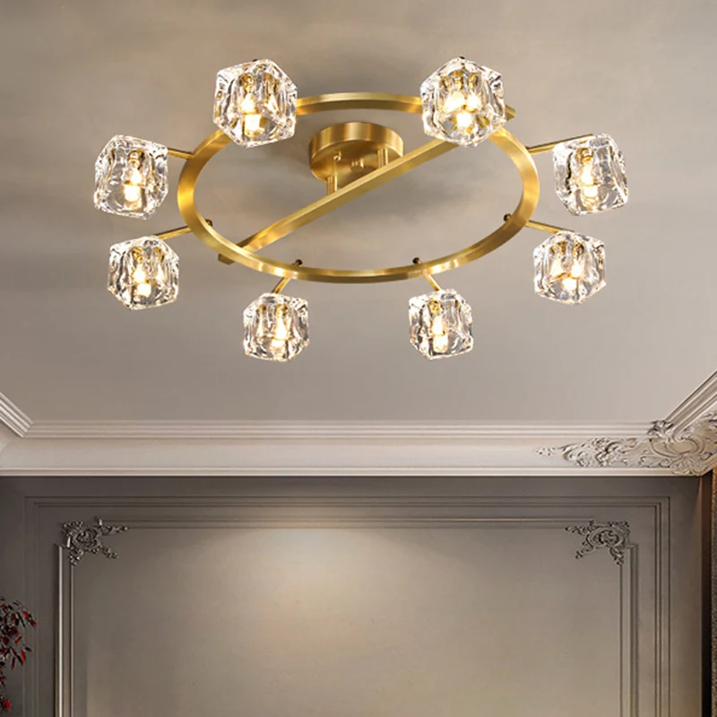 Gouden ring semi-inbouw moderne heldere kristallen kubusschaduw 6/8 lampen Grote kamer plafondgemonteerd licht Clearhalo