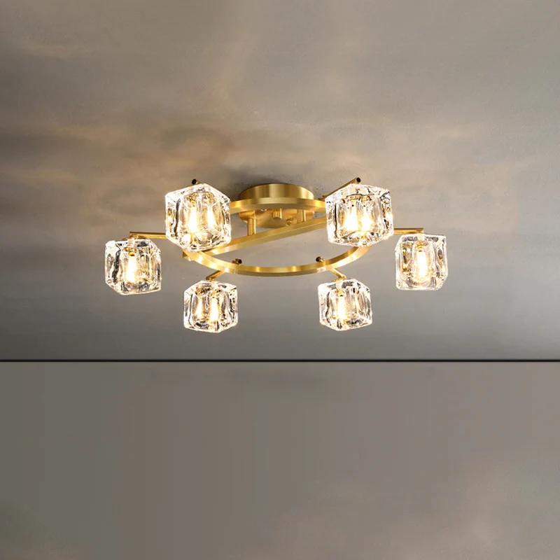 Gouden ring semi-inbouw moderne heldere kristallen kubusschaduw 6/8 lampen Grote kamer plafondgemonteerd licht Clearhalo
