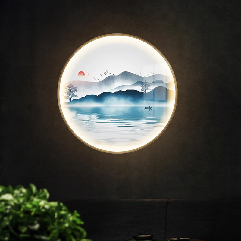 Gouden ronde berg- en meermuurschildering Licht Chinese LED-metalen wandverlichtingsidee Clearhalo