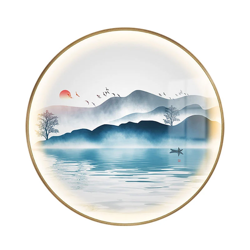 Gouden ronde berg- en meermuurschildering Licht Chinese LED-metalen wandverlichtingsidee Clearhalo