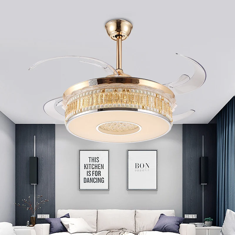 Gouden ronde hangende ventilator verlichting metalen LED slaapkamer semi-inbouw plafondlamp met 4 heldere bladen, 42" bree...