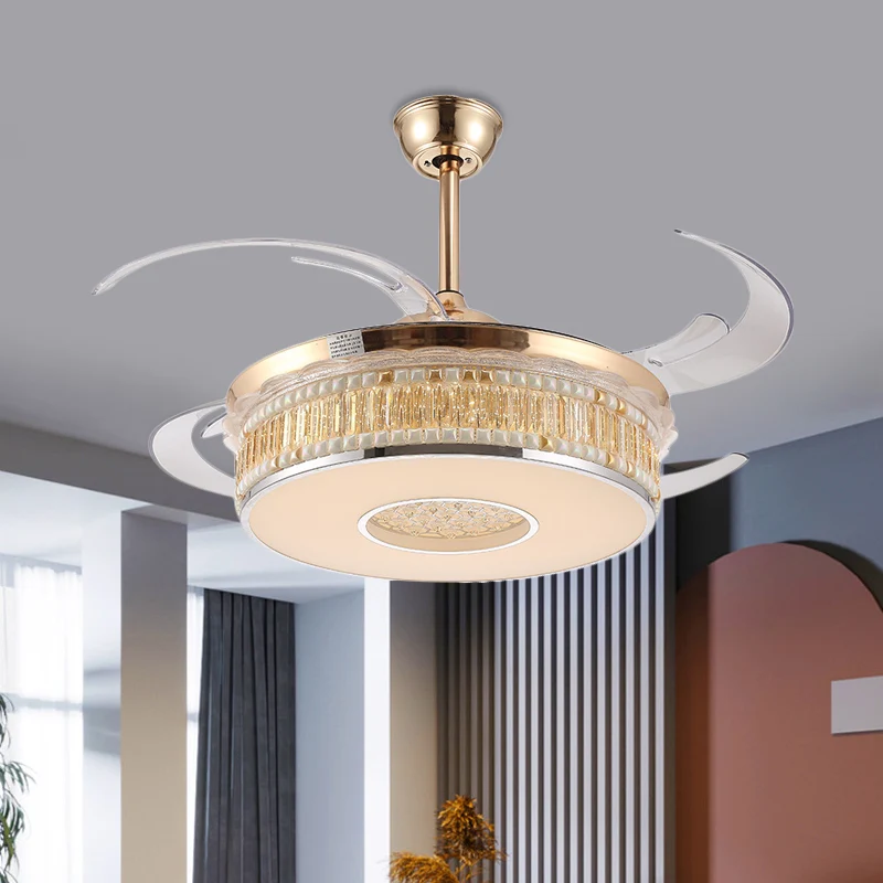 Gouden ronde hangende ventilator verlichting metalen LED slaapkamer semi-inbouw plafondlamp met 4 heldere bladen, 42" bree...